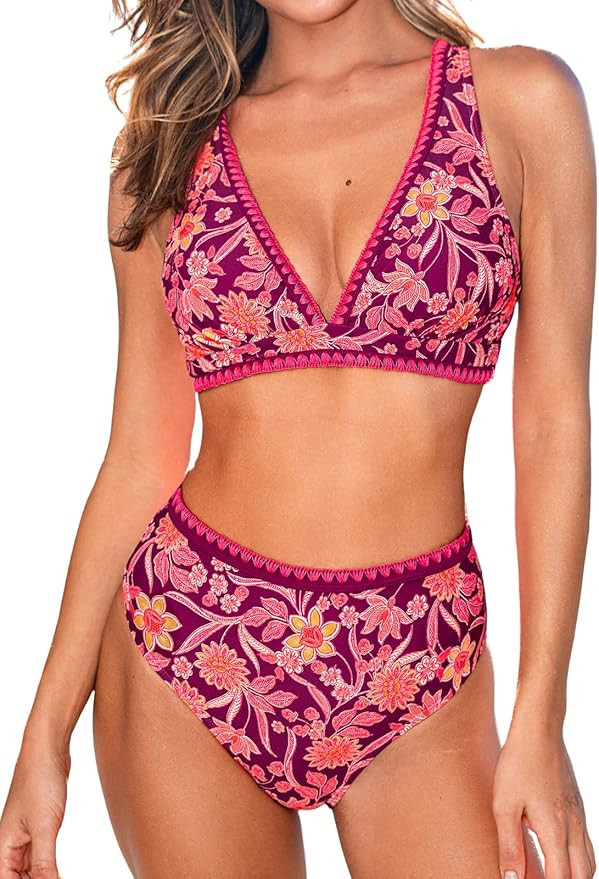 CUPSHE Women's Bikini Sets Two Piece Swimsuit High Waisted V Neck Bathing Suit Crisscross Back Se... | Amazon (US)