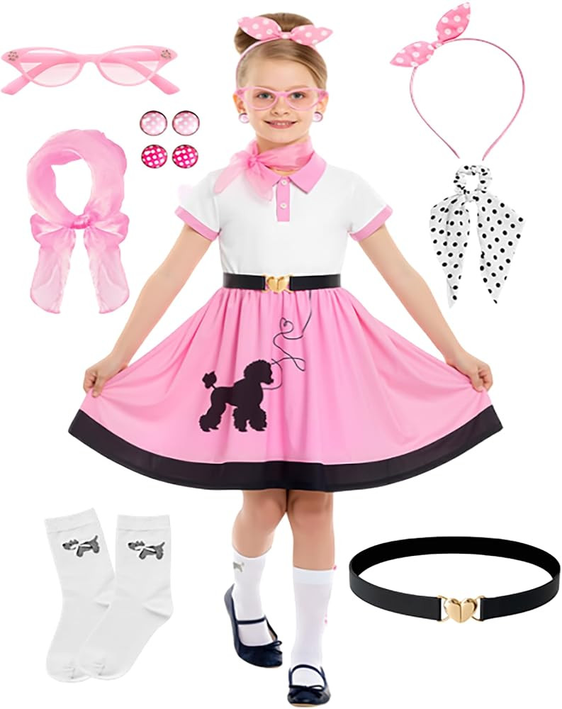 JenPen 8 Pcs Girls 50s Poodle Skirt Set, Girls Sock Hop Costume, 1950s Kids Outfit with Accessory... | Amazon (US)