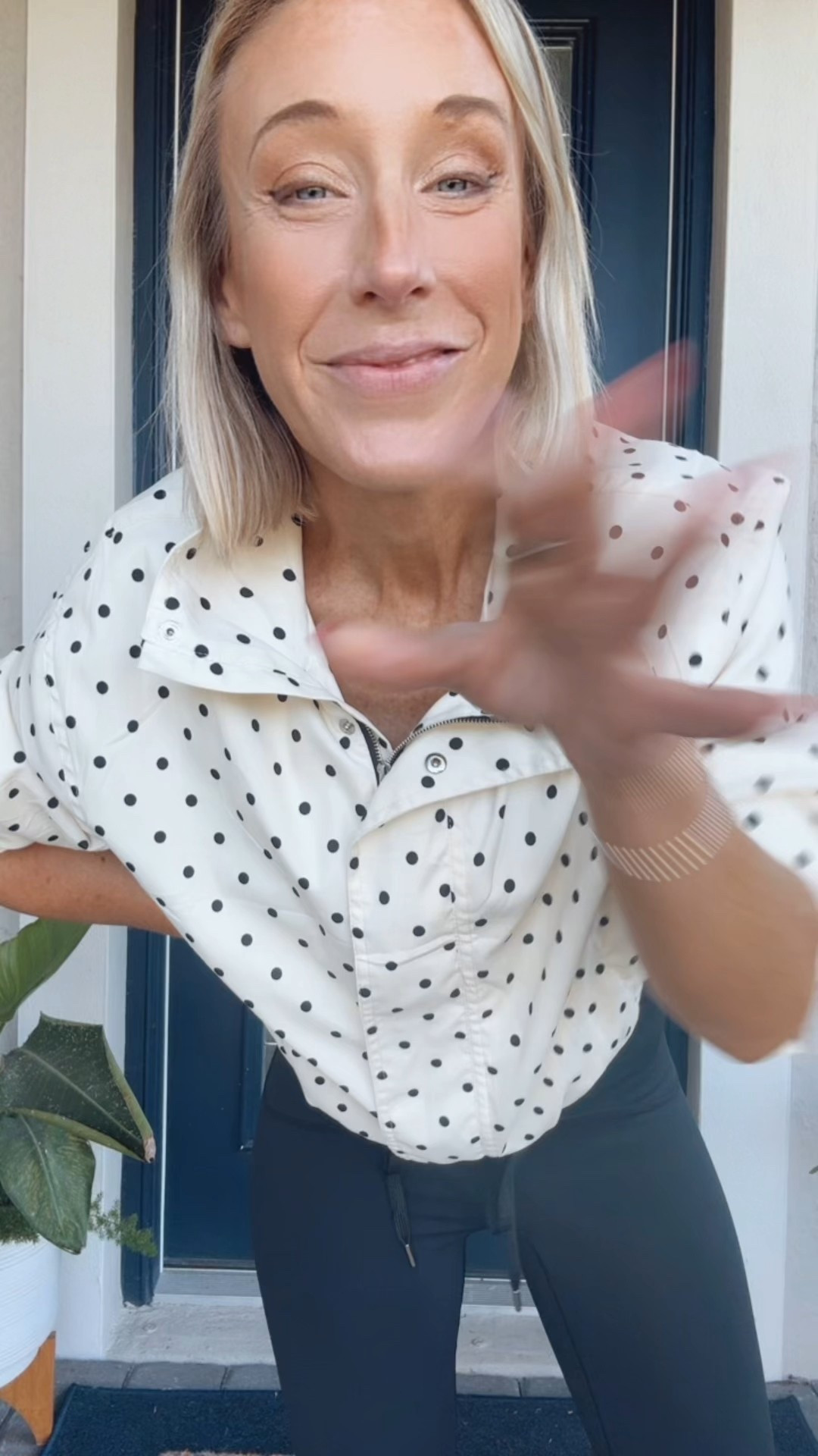 My ootd:
• polka dot jacket - size small. Comes in other colors. 
• Spanx booty boost leggings - size small, 7/8 length. 
• tank (underneath) - size small.
• sandals - tts  

#LTKSeasonal #LTKootd #LTKstorytime