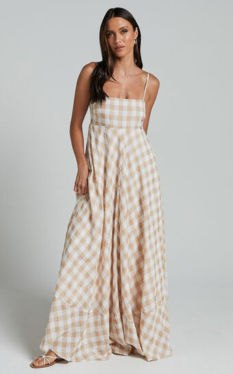Katrien Maxi Dress - Strappy Empire Waist Flare Dress in Beige and White Check | Showpo (US, UK & Europe)