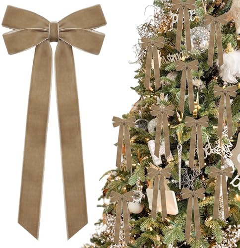 12Pcs Neutral Velvet Ribbon Bows Christmas Tree Decorations,5in x 10in Vintage Xmas Ornaments for... | Amazon (US)