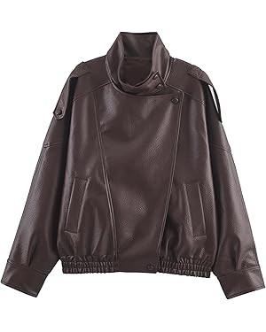 SeeLuNa Faux Leather Jacket Women High Collar Full Zip Elastic Hem Bomber Jackets Oversized Motor... | Amazon (US)