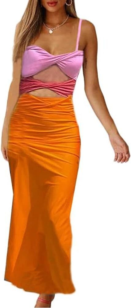 Spaghetti Strap Maxi Dresses for Women Cutout Bodycon Long Dress Sleeveless Backless Slim Fit Spl... | Amazon (US)