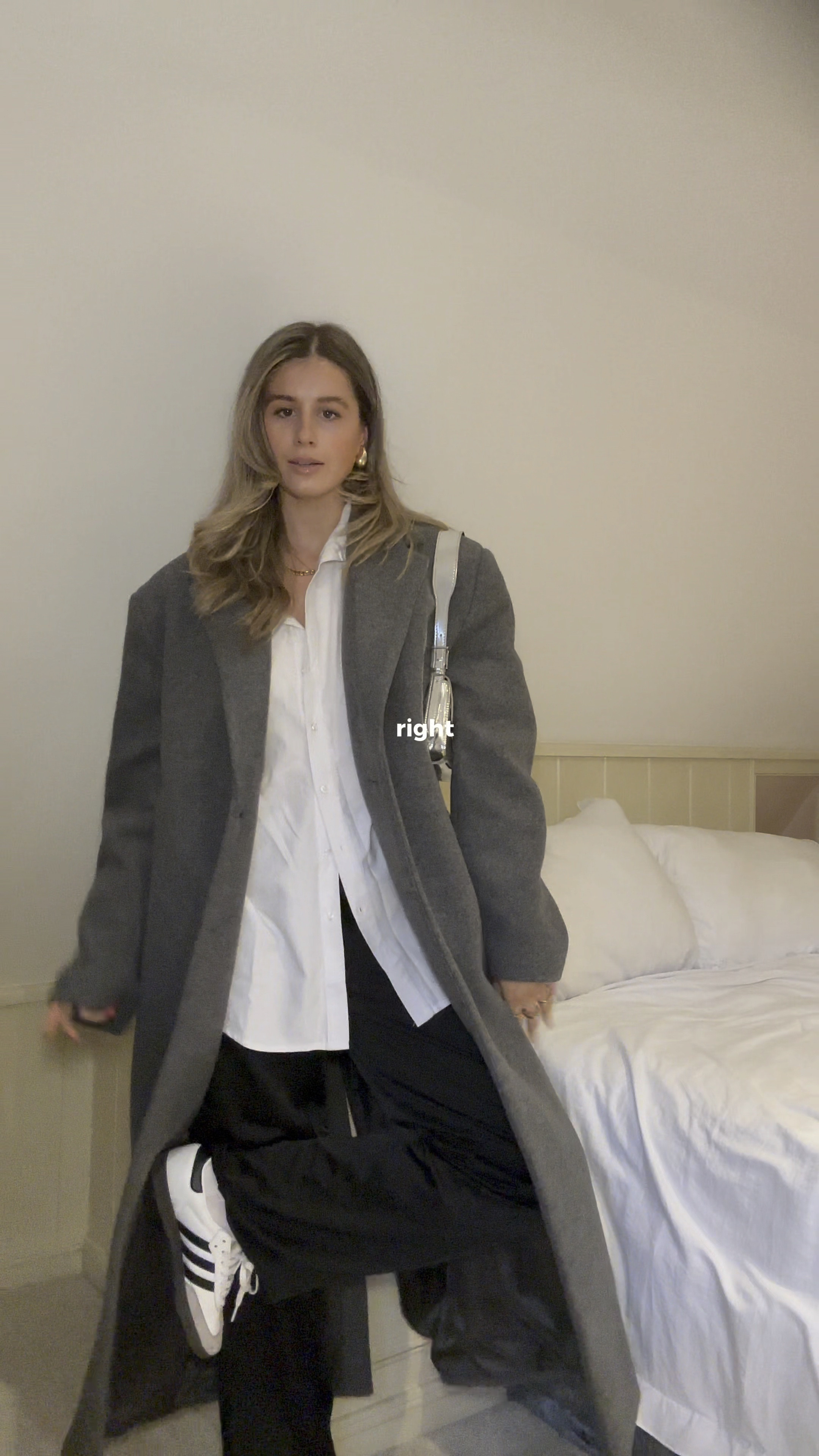 white oversized shirt, grey wool coat, black satin trouser, white samba, silver bag

#LTKSeasonal #LTKMostLoved #LTKworkwear