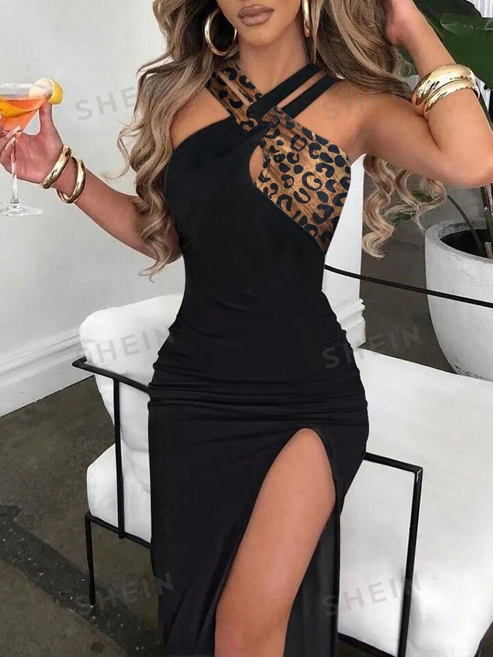 SHEIN Privé Color-Blocked Leopard Print Halterneck Dress With Hollow-Out Details, Summer | SHEIN