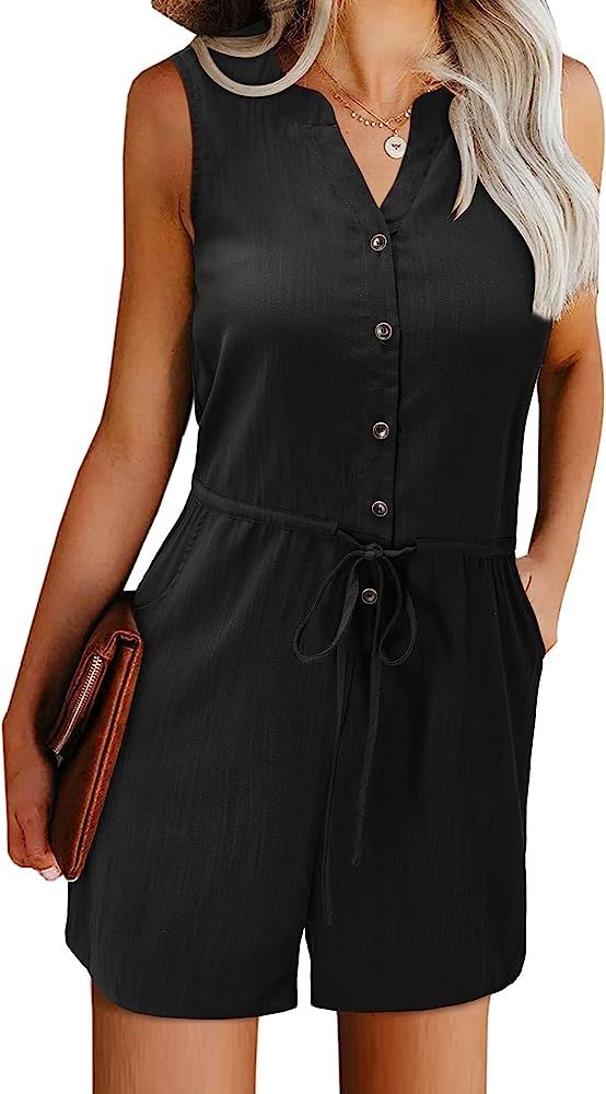 OUGES Womens Summer V Neck Romper Button Casual Sleeveless Elastic Waist Solid Short Jumpsuit with P | Amazon (US)