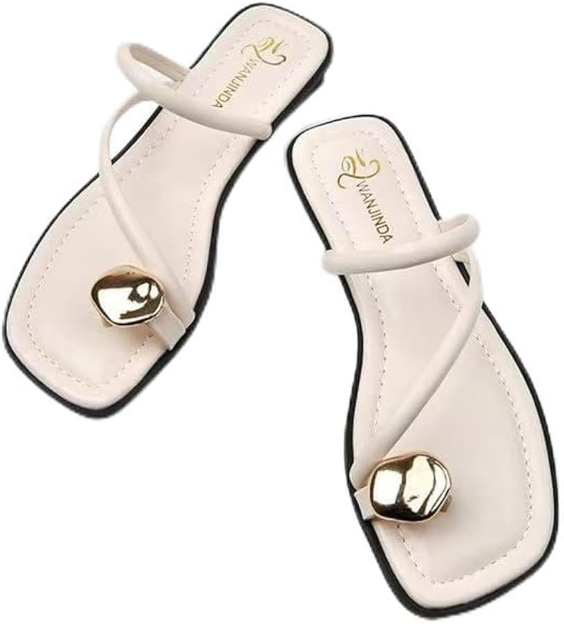 Women's leather strappy flat metal toe ring sandals fashionable square open toe low block heel sl... | Amazon (US)