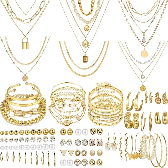 NEWITIN 69 Pieces Gold Jewelry Set for Women Fashion Costume Jewelry Gold Plated Necklace Bracele... | Amazon (US)