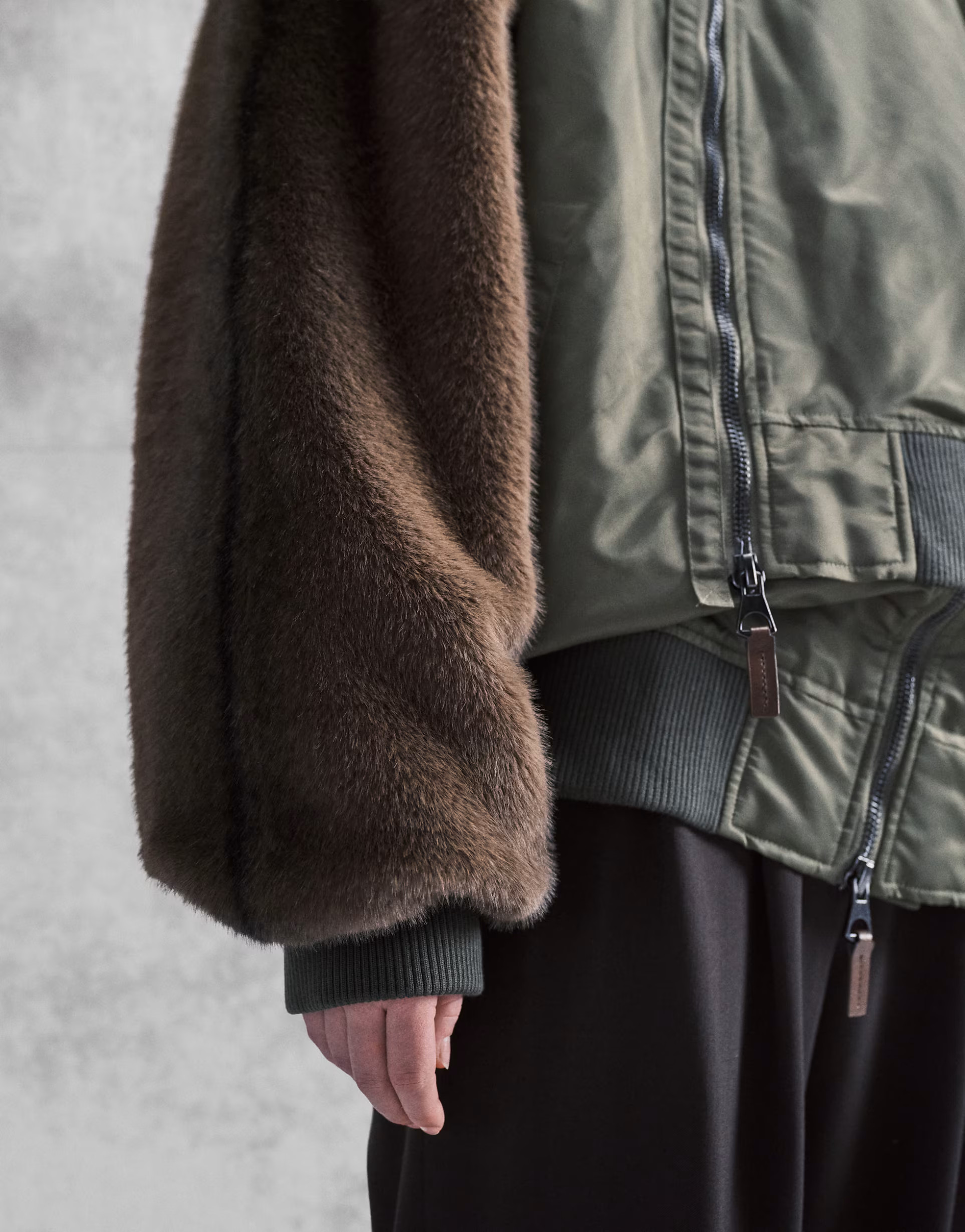 ASOS DESIGN DECON faux fur sleeve bomber jacket in khaki | ASOS (Global)