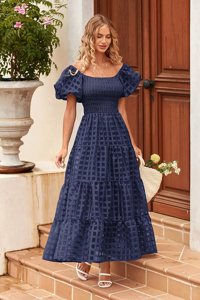 PRETTYGARDEN Women's Casual Summer Midi Dress Puffy Short Sleeve Square Neck Smocked Tiered Ruffle D | Amazon (US)