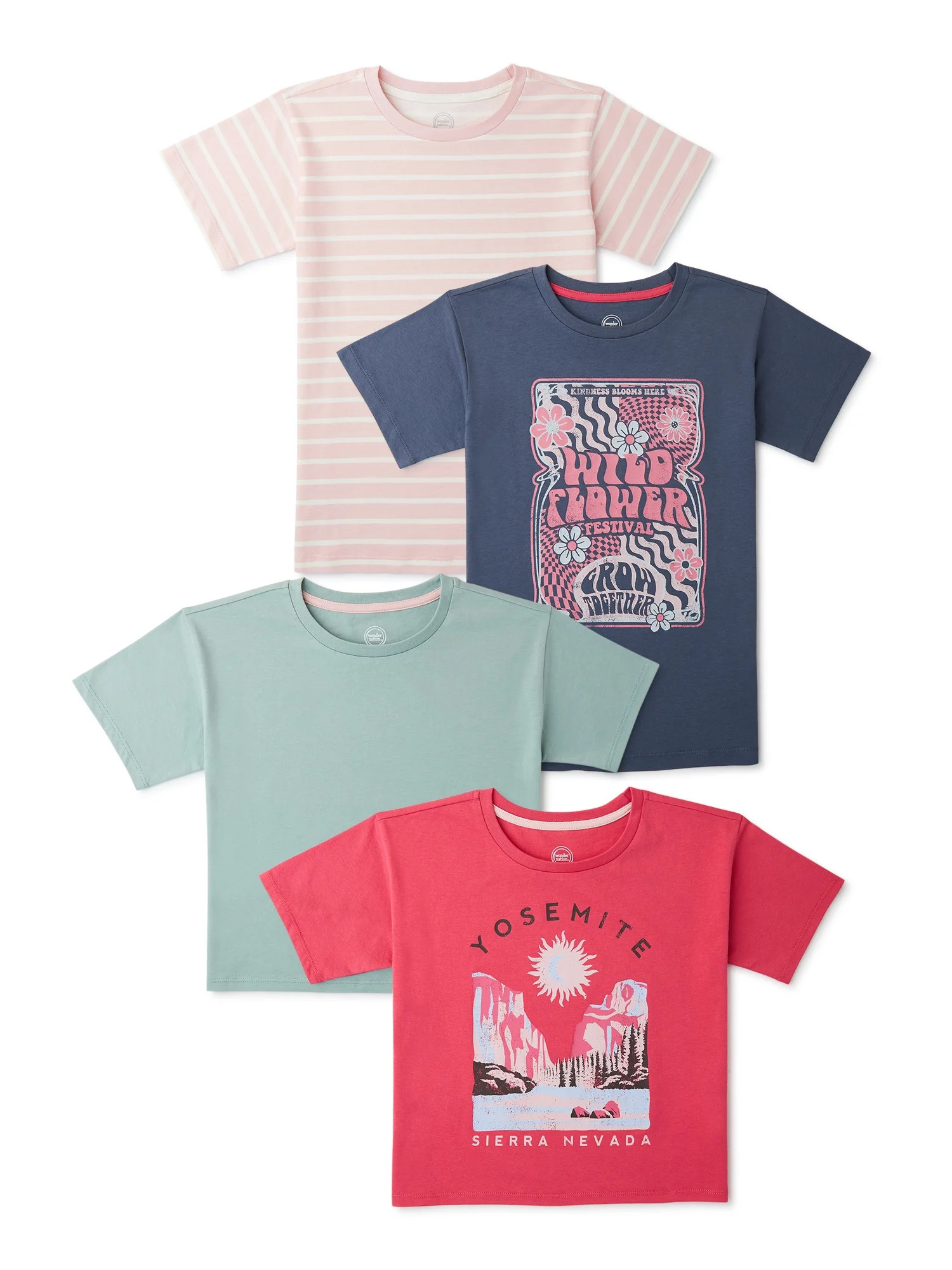 Wonder Nation Girls' Graphic, Stripe, and Solid Tees, 4-Pack, Sizes 4-18 & Plus | Walmart (US)
