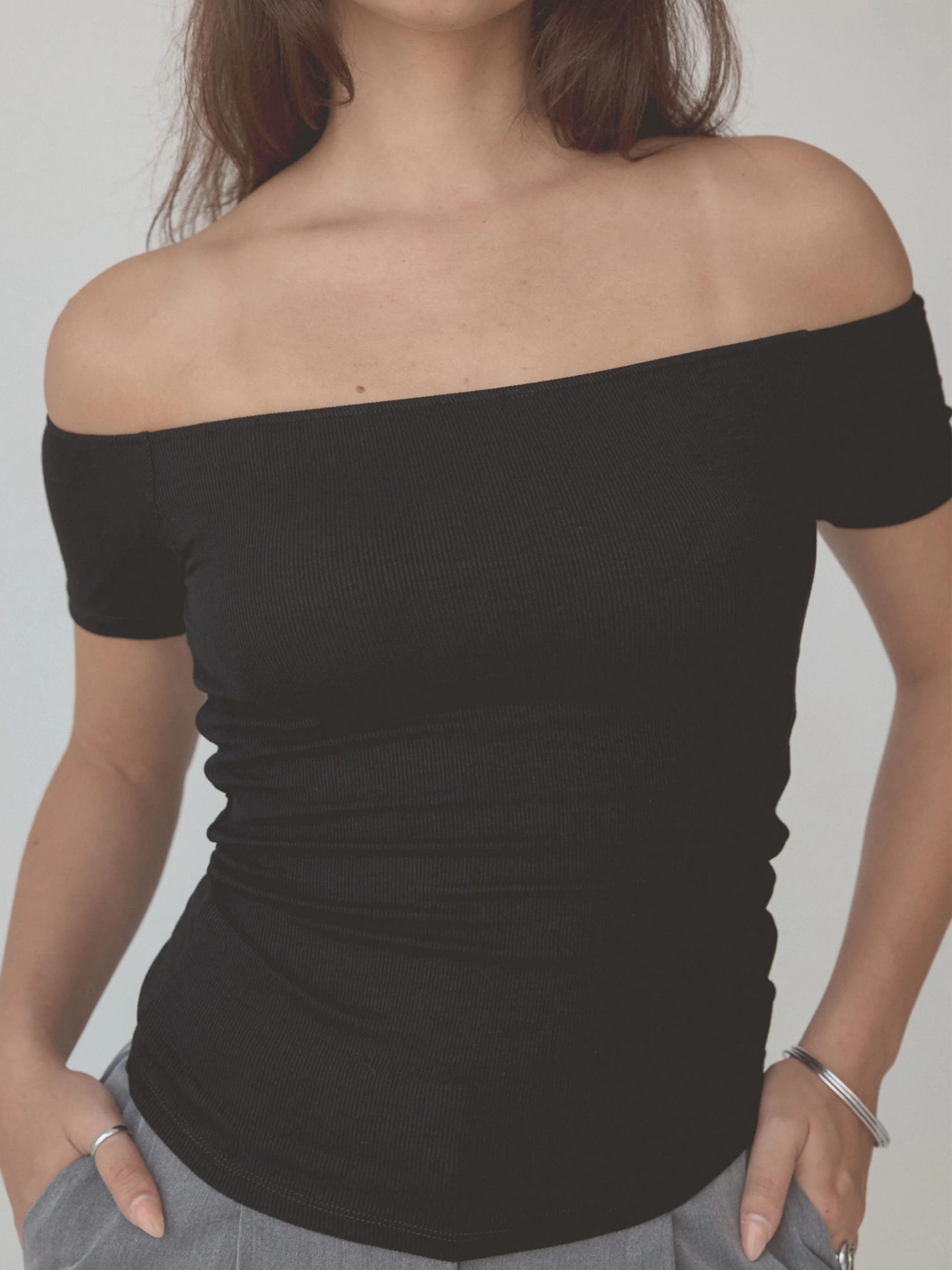 Ribbed Off The Shoulder Braless Short Sleeve | Klassy