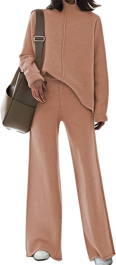 Fixmatti Women Sweater Set 2 Piece Knit Sweatsuit Turtleneck Sweater Top and Wide Leg Pant Lounge... | Amazon (US)