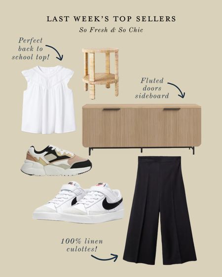 Last week’s best sellers! The linen culottes are TTS, very well made and extremely comfortable. Highly recommend!
-
Tween girls back to school style - back to school outfit tween girl - Nike blazer 77 sneakers unisex kids - Nike kids white sneakers - black 100% linen culottes - women’s black linen wide leg pants - women’s black linen cropped pants - women’s cropped pants sale - Mango kids sneakers - Mango Women’s pants - Mango girls white flutter sleeve top - light oak sideboard wide - sideboard sale Wayfair - costa mesa wrapped accent table Target - Target round side table #ltkover40 #ltksalealert #ltkkids 

#LTKBacktoSchool #LTKstyletip #LTKhome