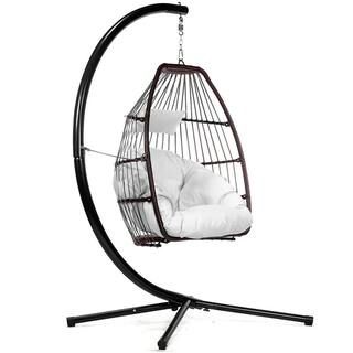 Barton Wicker Egg-Shaped Patio Swing Chair with White/Cream Cushion and Heavy-Duty Frame-93904-H ... | The Home Depot
