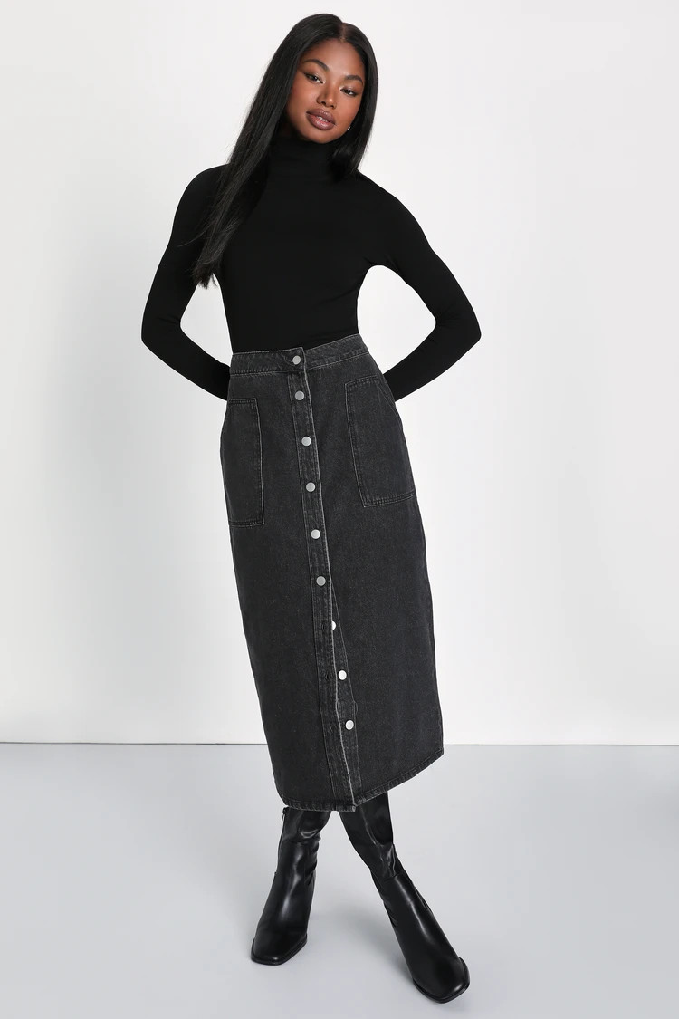 Edgy Idea Black Button-Front Denim Midi Skirt | Lulus (US)