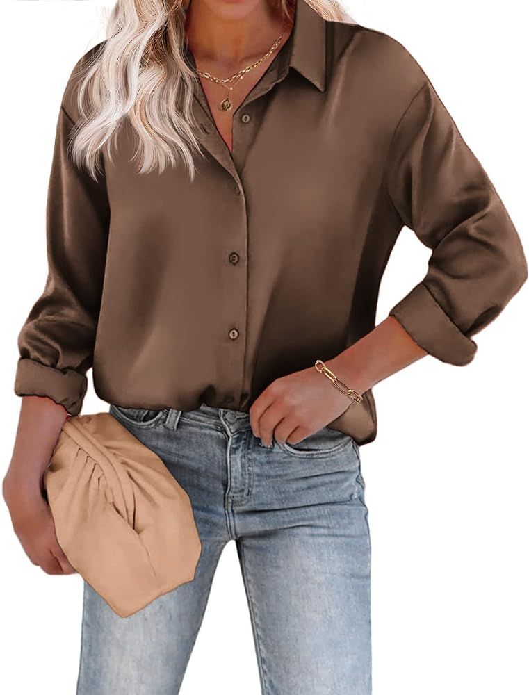 Chigant Women's Blouse Satin Silk Shirts Button Down Shirts Casual Loose Long Sleeve Office Work Tun | Amazon (US)