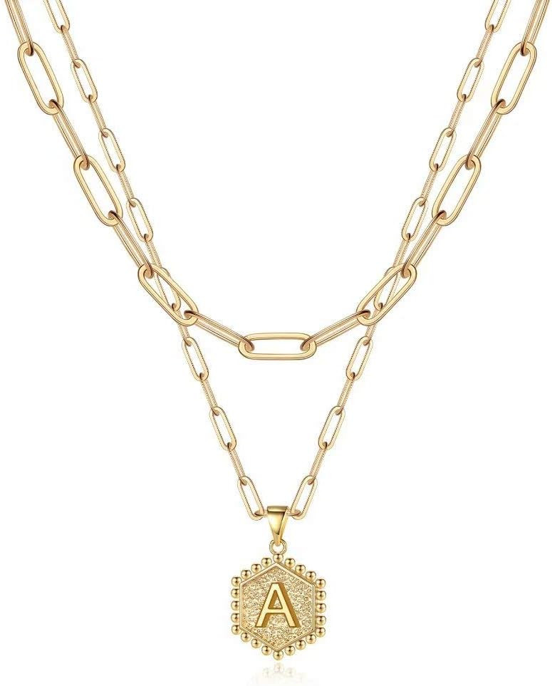 M MOOHAM Dainty Initial Necklaces for Women, 14K-Gold-Plated Layering Necklace for Women Cute Hexagon Letter Initial Necklace Layered Necklaces for Womens Teen Girl Gifts | Amazon (US)