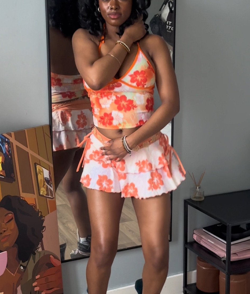 Orange Floral Top & Skirt Set