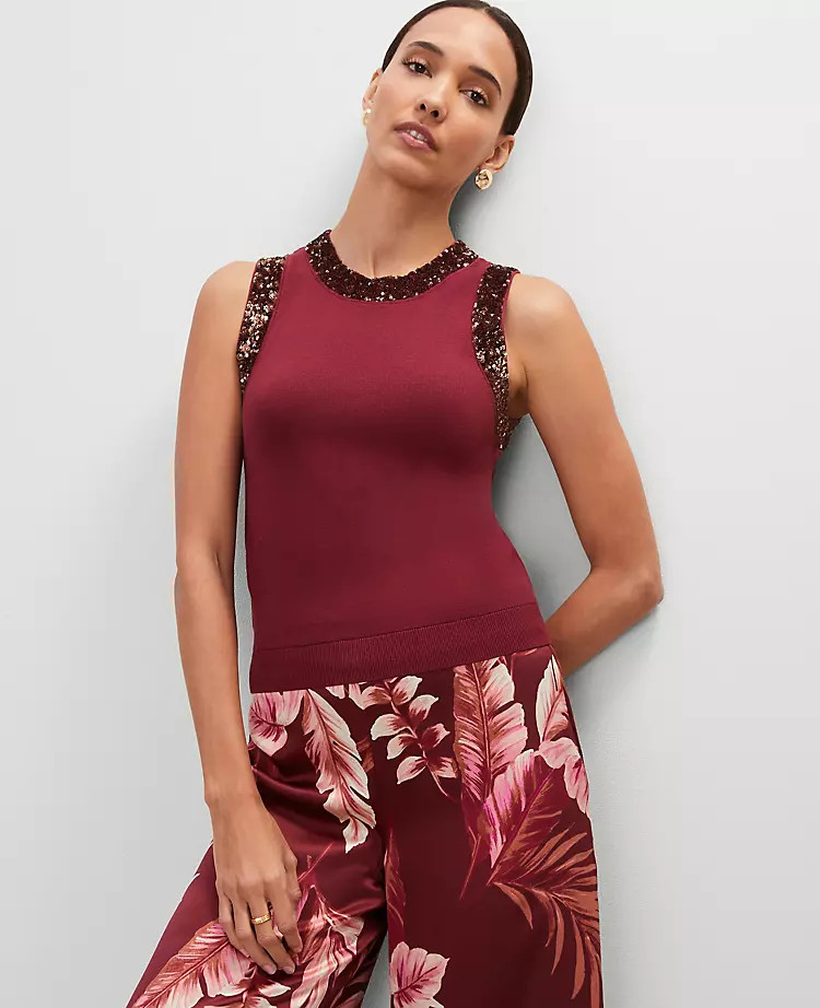 Studio Collection Sequin Trimmed Sweater Shell | Ann Taylor