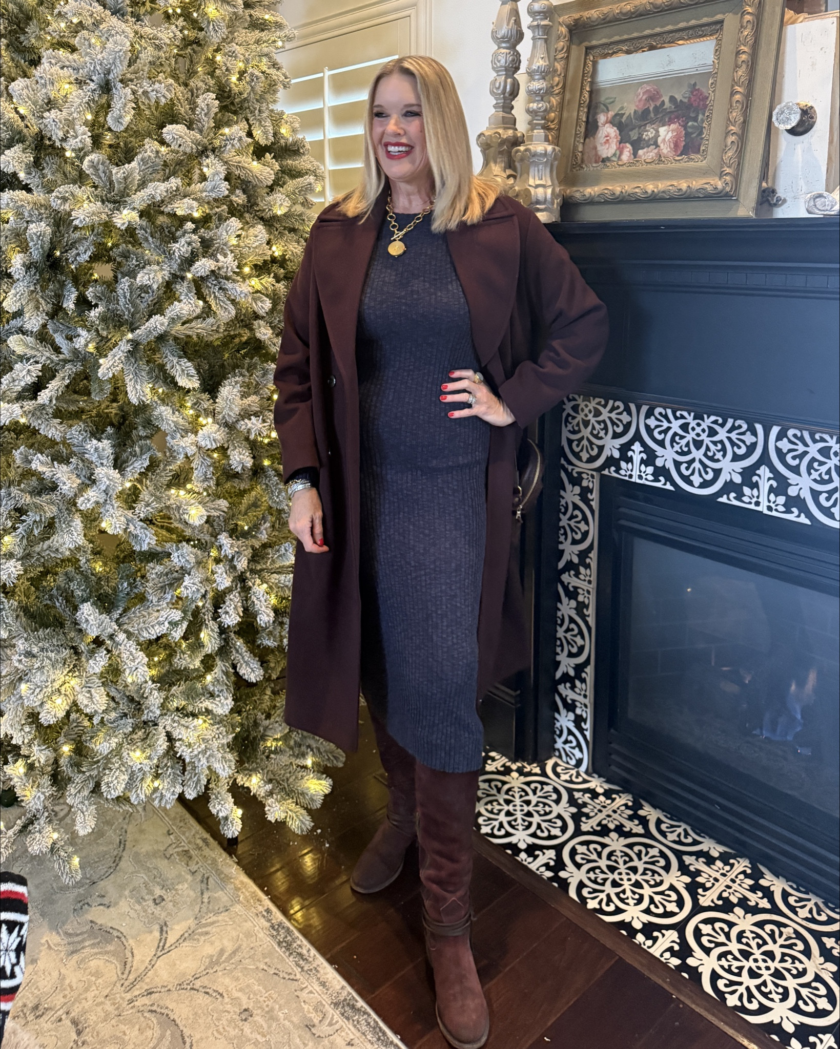 OOTD 
Sunday best and then to see the nutcracker 

Everything is on sale

Sweater dress comes in several colors fits tts in a med 

Wine/burg long coat on sale $44 fits tts and looks and feel lux 

Julie voz jewelry up to 60% off 
Necklace, earrings 2 bracelets and ring 

Free bird suede wine boots  tts 

Leather circle bag Portland leather 

#LTKCyberWeek 

#LTKSaleAlert #LTKFindsUnder50 #LTKGiftGuide