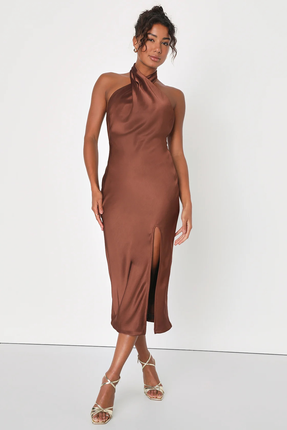 Beyond Classy Brown Satin Halter Midi Dress | Lulus (US)