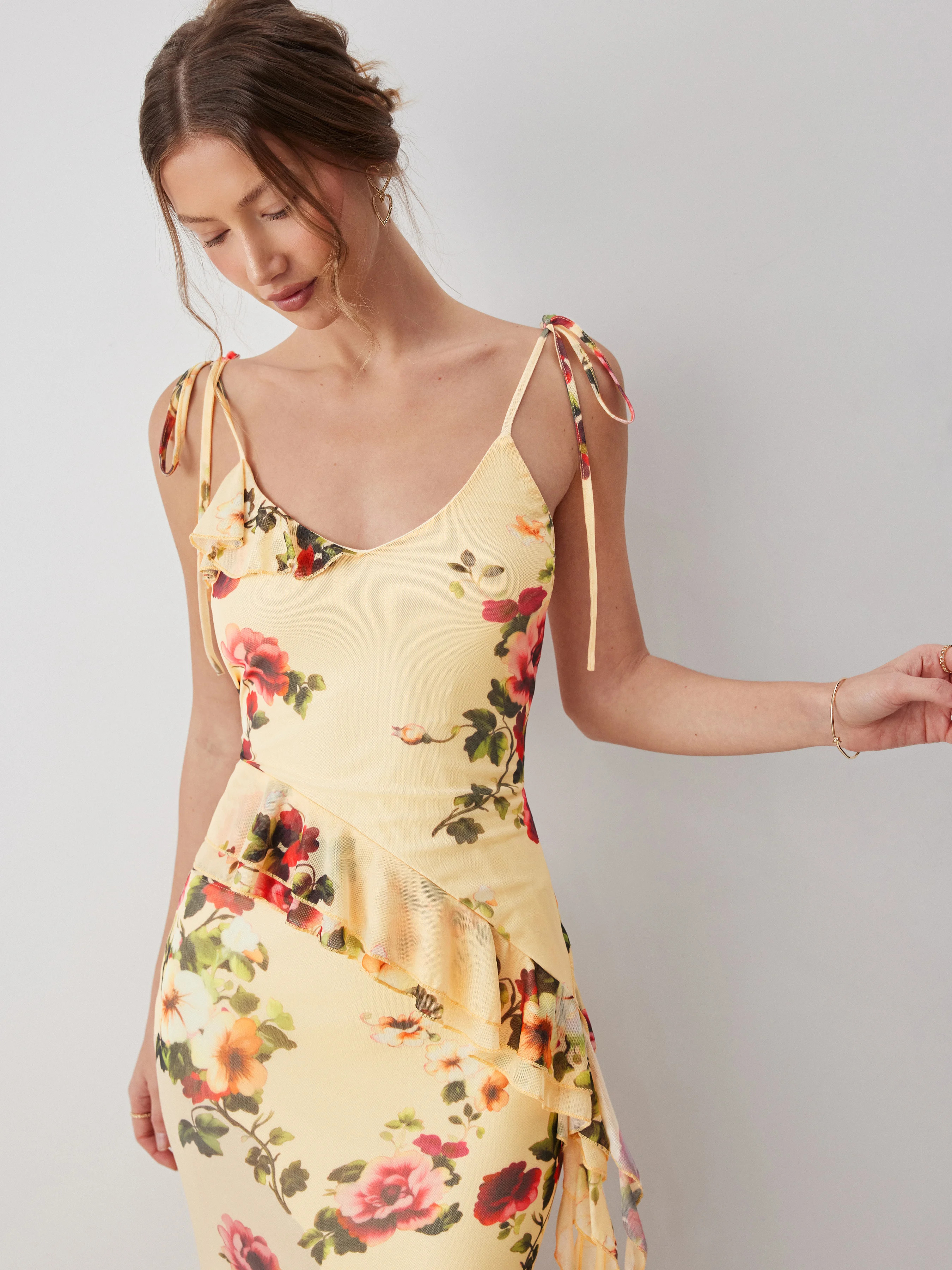 Mesh Floral Mesh Scoop Neck Asymmetrical Hem Cami Top For Daily Casual Date | Cider