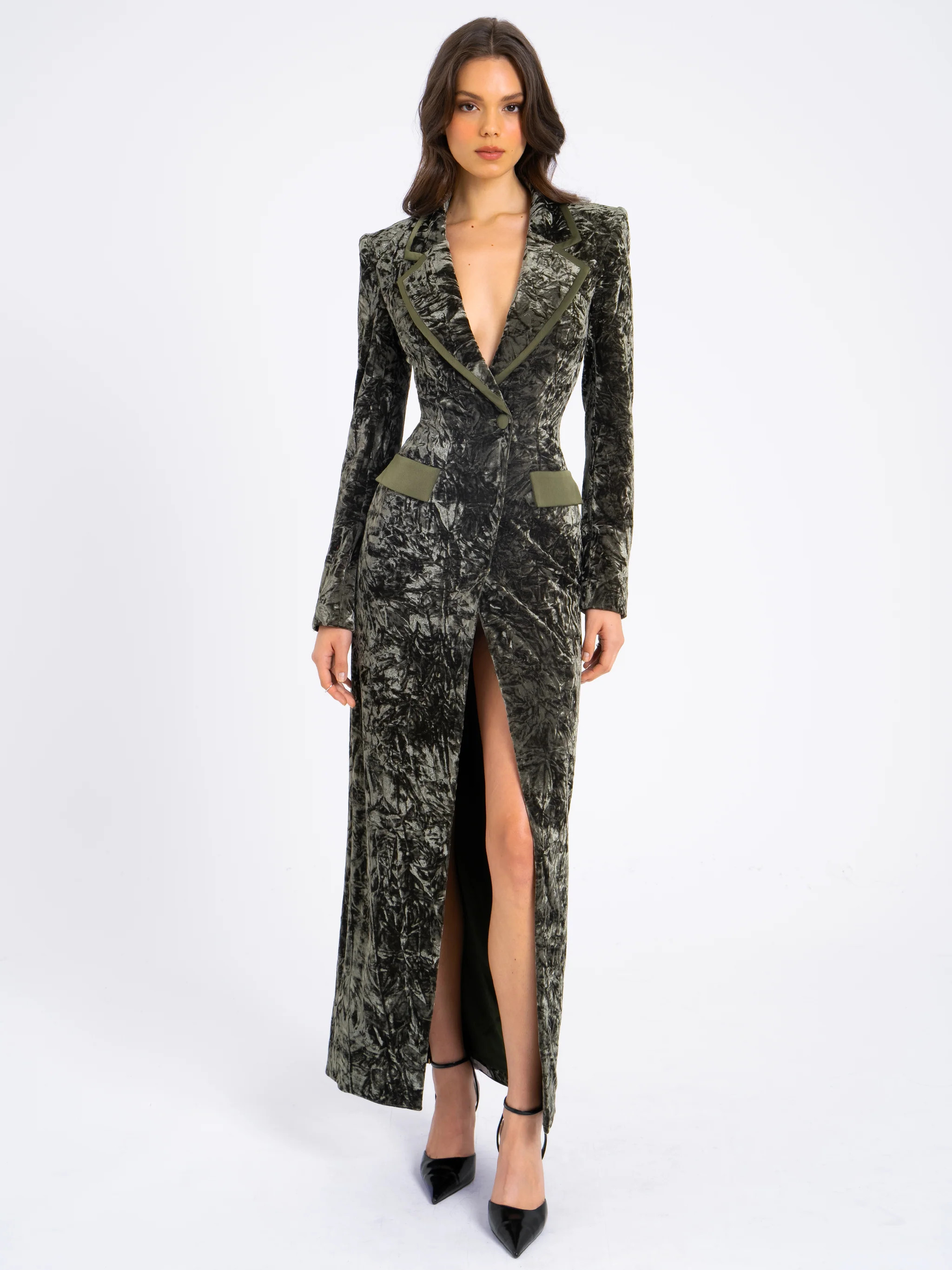 Willow Green Glossy Velvet High Slit Blazer Gown | Miss Circle