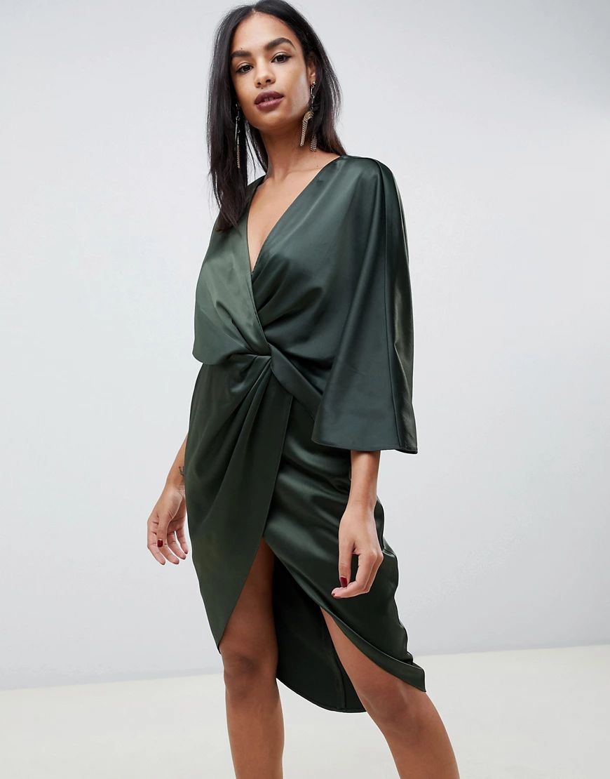 ASOS DESIGN satin kimono midi dress with knot front and asymmetric sleeve-Green | ASOS (Global)