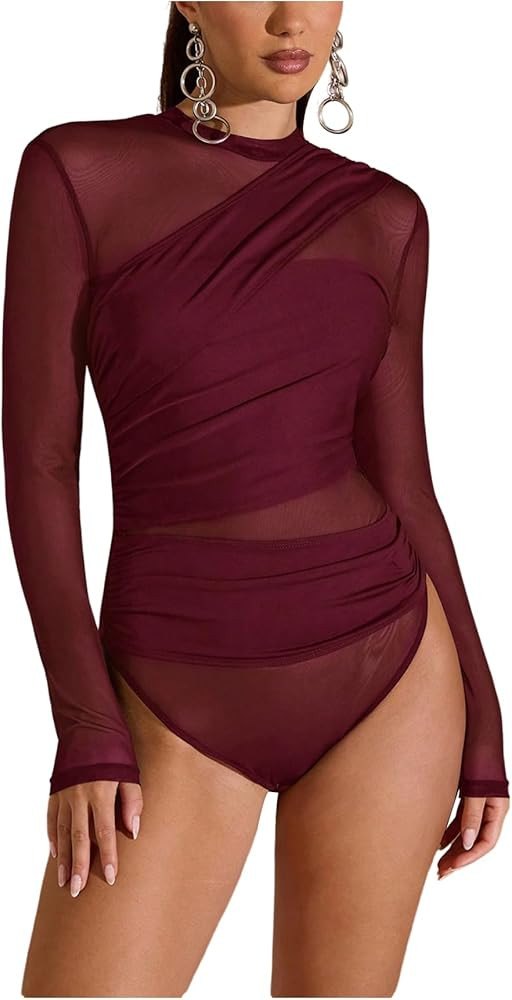SweatyRocks Women's Sheer Mesh Bodysuit Ruched Mock Neck Long Sleeve Fitted Leotard | Amazon (US)