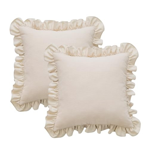 Waffle Weave Textured Throw Pillow Covers Set of 2 with Washed Cotton Retro Ruffle Flounces Trim Solid Decorative Pillow Cases for Home Livingroom and Bedroom Decor 18x18 Inch (Beige, 18x18 in) | Amazon (US)