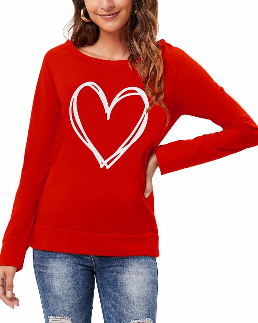 DDSOL Women Valentines Day Shirts Round Neck Long Sleeve Casual Heart T Shirt Hugs and Kisses Rai... | Amazon (US)