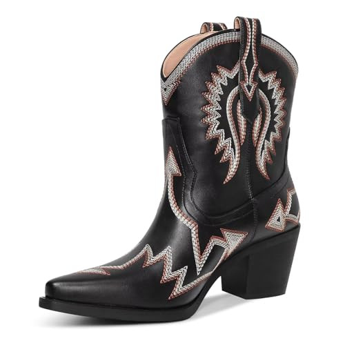 HOCHFART Cowboy Boots For Women Embroidered Pointed Toe Cowgirl Boots Chunky Heel Pull-On Short Western Boots Classic Wide Calf Country Ankle Boots, Black, Size 12 | Amazon (US)