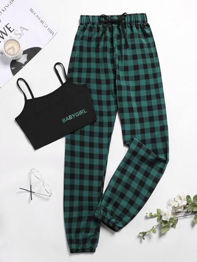 Letter Graphic Buffalo Plaid Knot Front Cami PJ Set | SHEIN