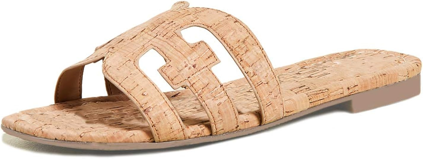 Softome Women's Flat Slide Sandals Cutout Leather Open Toe Slip on Sandals for Summer | Amazon (US)