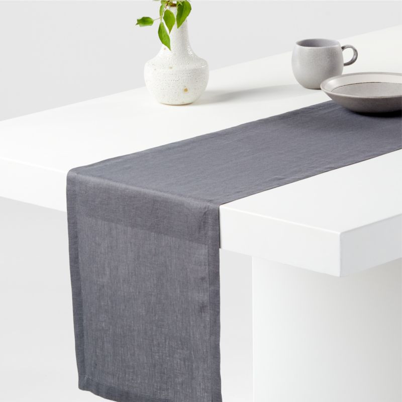 Marin 90-Inch Storm Grey Linen Table Runner + Reviews | Crate & Barrel | Crate & Barrel