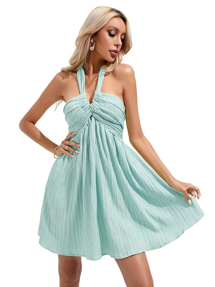 WDIRARA Women's Halter Tie Backless Smocked A Line Flowy Summer Vacation Mini Dress | Amazon (US)