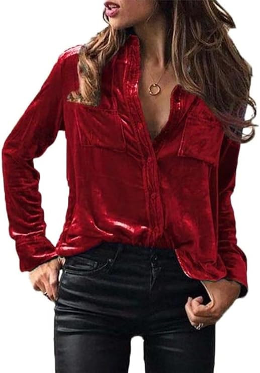 Velvet Top for Women Vintage Casual Button Down Shirts Retro Tops Long Sleeve Blouses | Amazon (US)