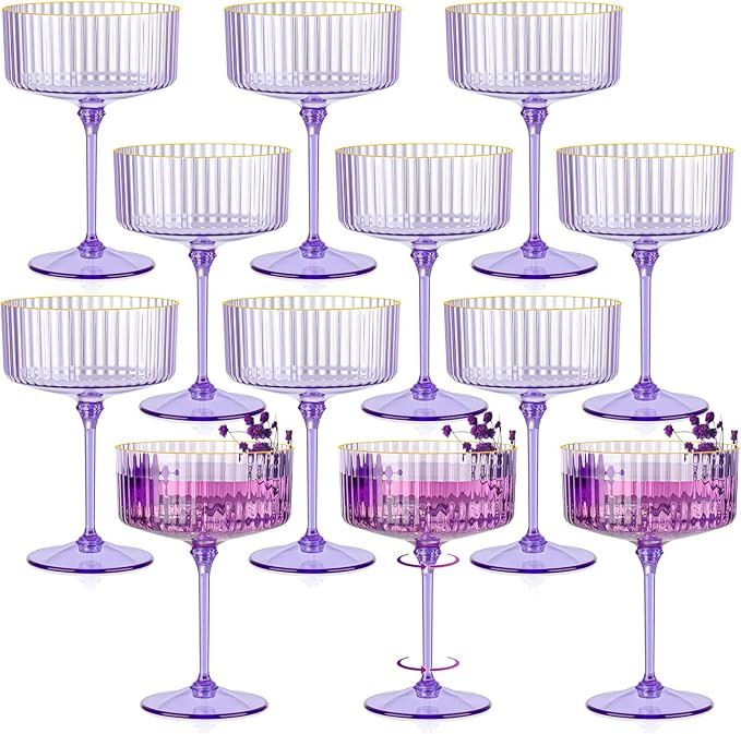 12 PCS Ribbed Coupe Glasses Purple Plastic Champagne Coupe Cup 10oz Detachable Gold Rim Espresso ... | Amazon (US)