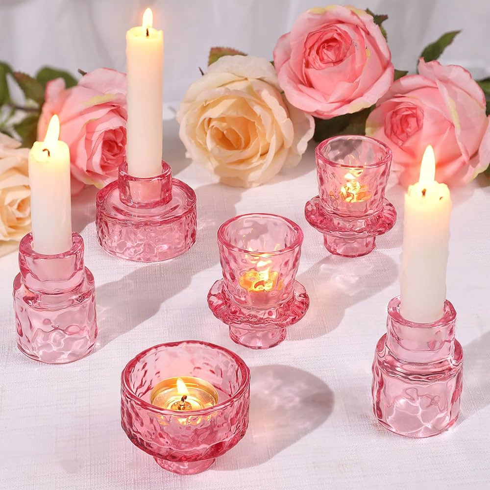 6 PCS Candlestick Holders, Pink Taper Candle Holders, Tealight Candle Holder Glass for Wedding Ce... | Amazon (US)