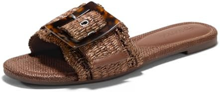 Coutgo Womens Flat Sandals Raffia Slip On Slide Sandal Square Open Toe Buckle Summer Beach Shoes ... | Amazon (US)