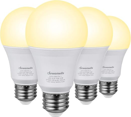 DEWENWILS 4-Pack Dimmable LED A19 Light Bulb, Soft White Light with Warm Glow, 800 Lumen, 2700K, ... | Amazon (US)