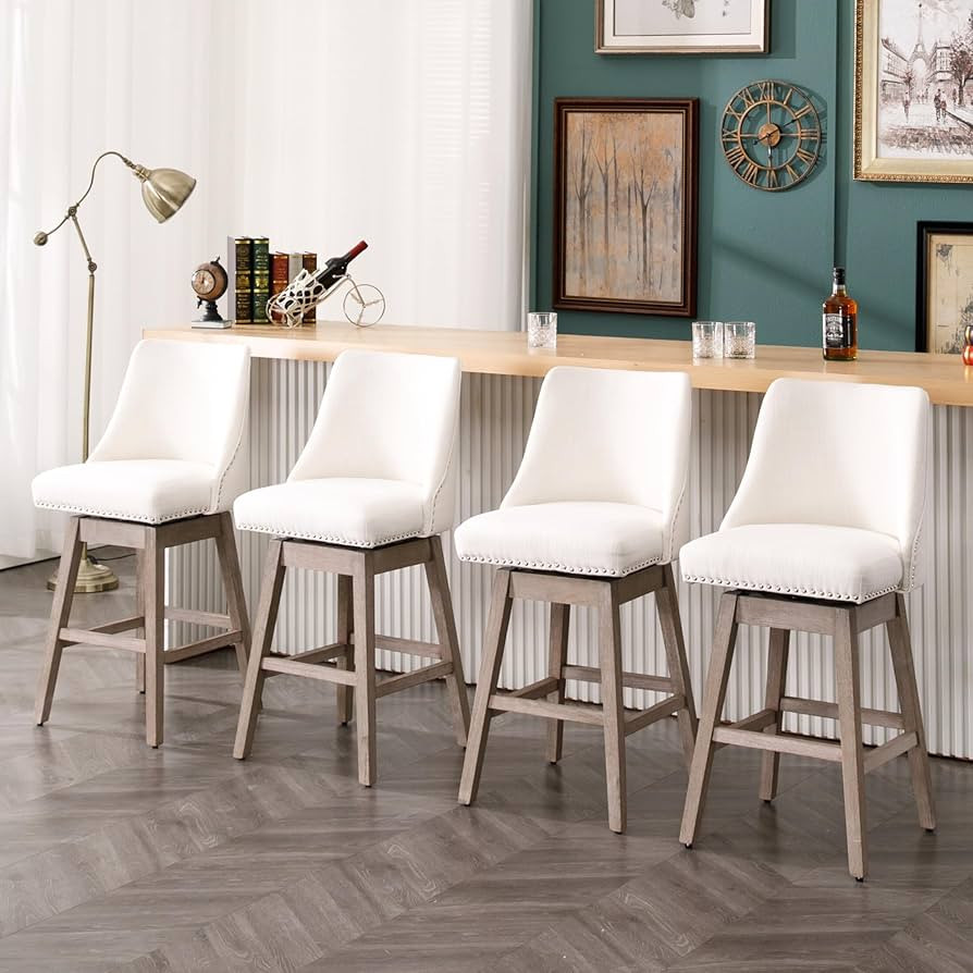 27.5 inch Counter Height Bar Stools Set of 4 Linen Fabric 360°Swivel Barstools with Back and Woo... | Amazon (US)