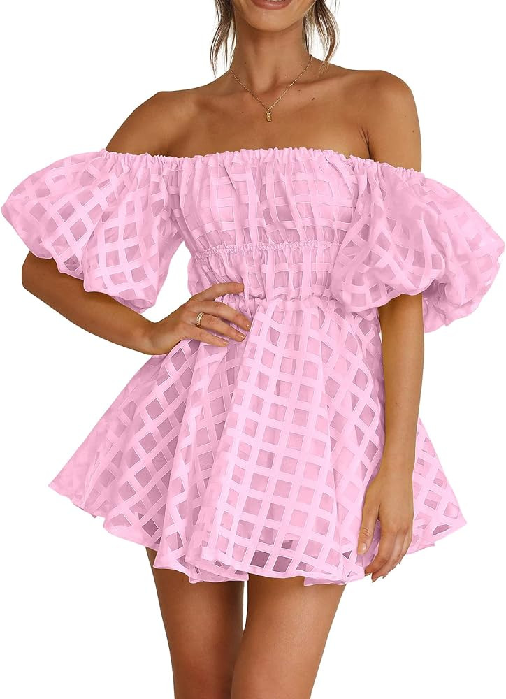PRETTYGARDEN Women's Off The Shoulder Babydoll Dress Short Puff Sleeve Casual A Line Ruffle Summe... | Amazon (US)
