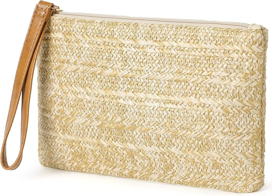 Straw Purse Bag for Women Bohemian Handbag with Zipper Wristlet, Beach Clutch Womens Straw Clutch... | Amazon (US)