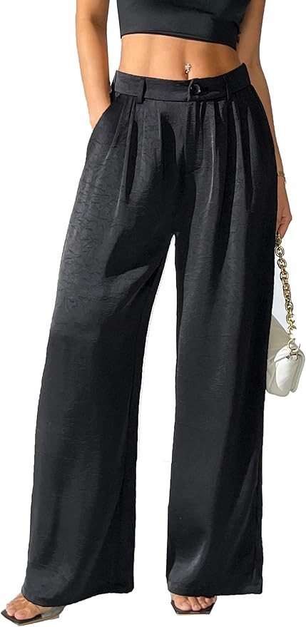 Women's Textured Wide Leg Pants Satin Silky Flowy Dressy Trouser Casual Slacks | Amazon (US)