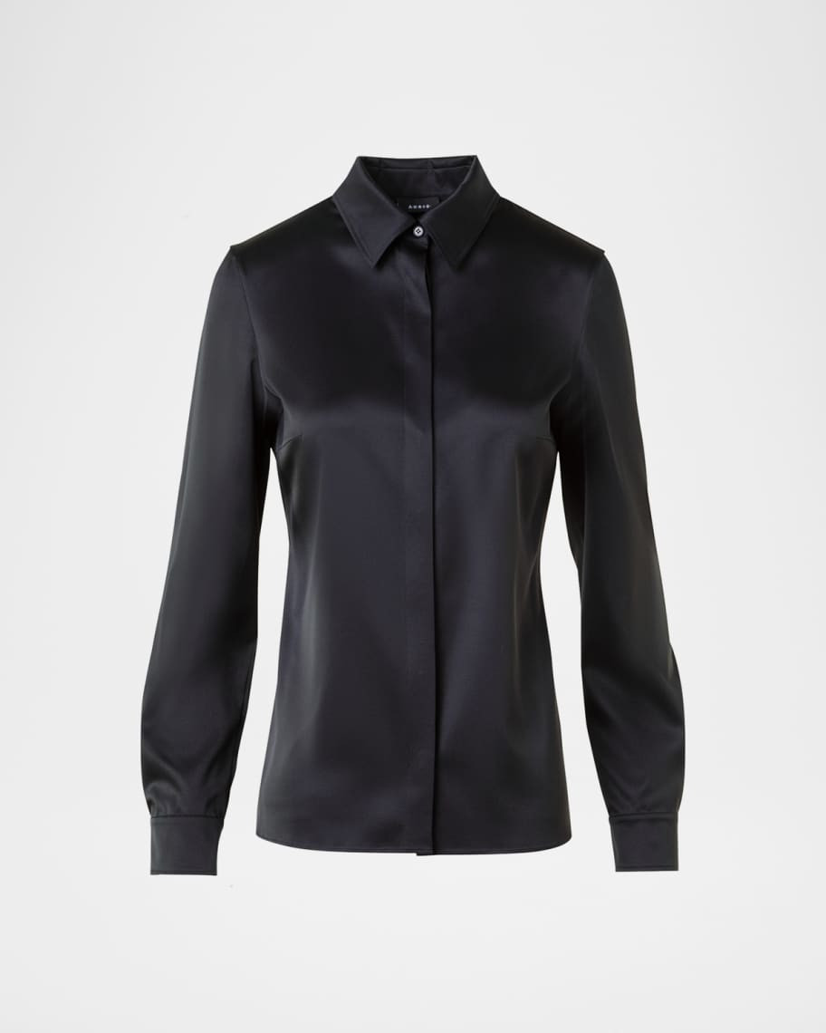 Akris Stretch Silk Satin Button-Down Blouse | Neiman Marcus