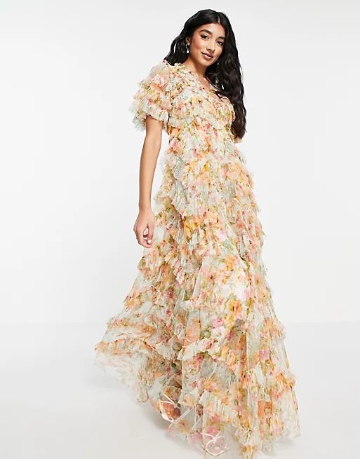 Needle & Thread Sunset Garden maxi ruffle dress in multi floral | ASOS (Global)