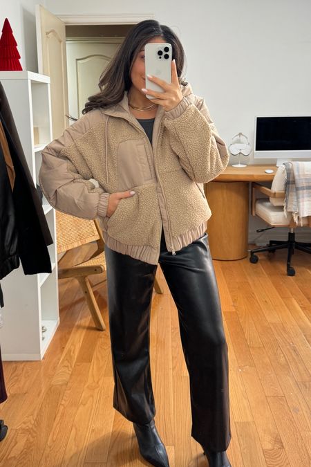 Cozy Sherpa jacket is 47.99 today! Bottoms are $32 
Wearing jacket size XS and bottoms size 2 
If between sizes on the pants, size down!