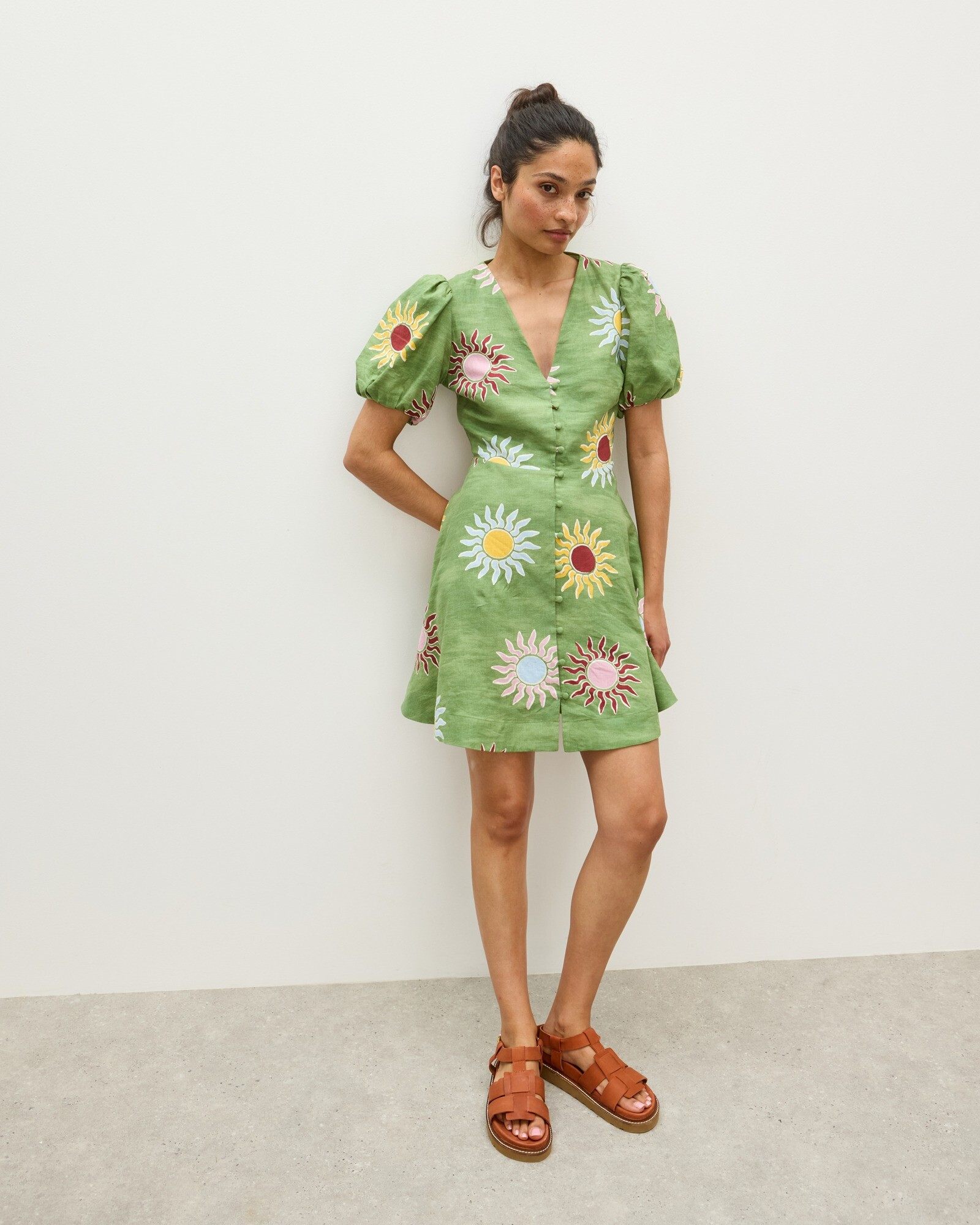 Green Sun Print Linen Blend V-Neck Mini Dress, size 14 | Oliver Bonas (Global)